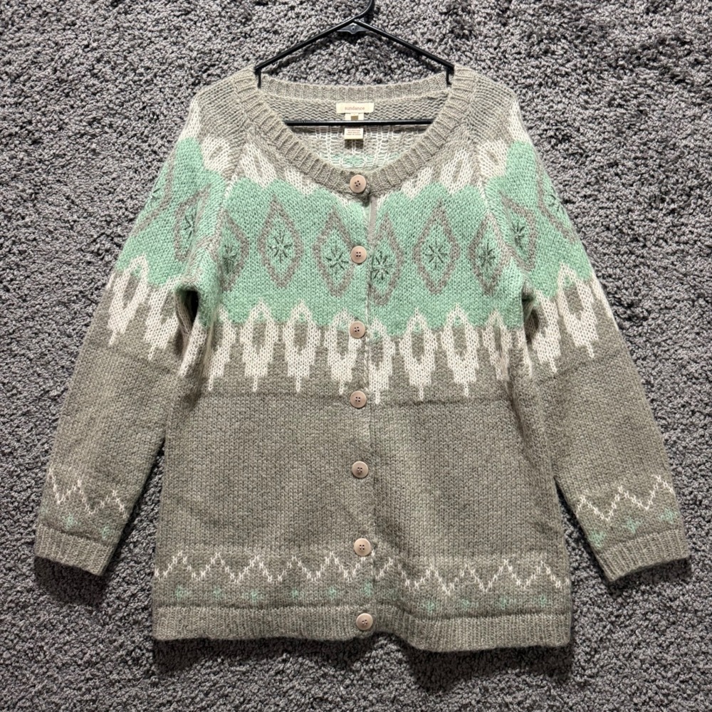Sundance Galway Bay Cardigan Womens Small Green Mohair Beaded Fair Isle Exc - Picture 2 of 8